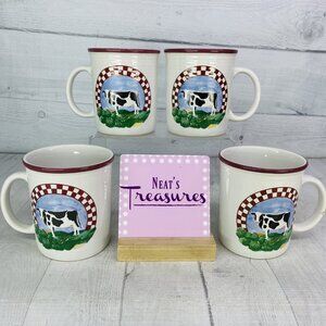 Century Stoneware FANNIE'S FARM Cow Center Maroon Checks 12oz Cups Mugs Set of 4